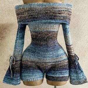 SHEIN Soleia Blue and Brown Off-Shoulder Romper